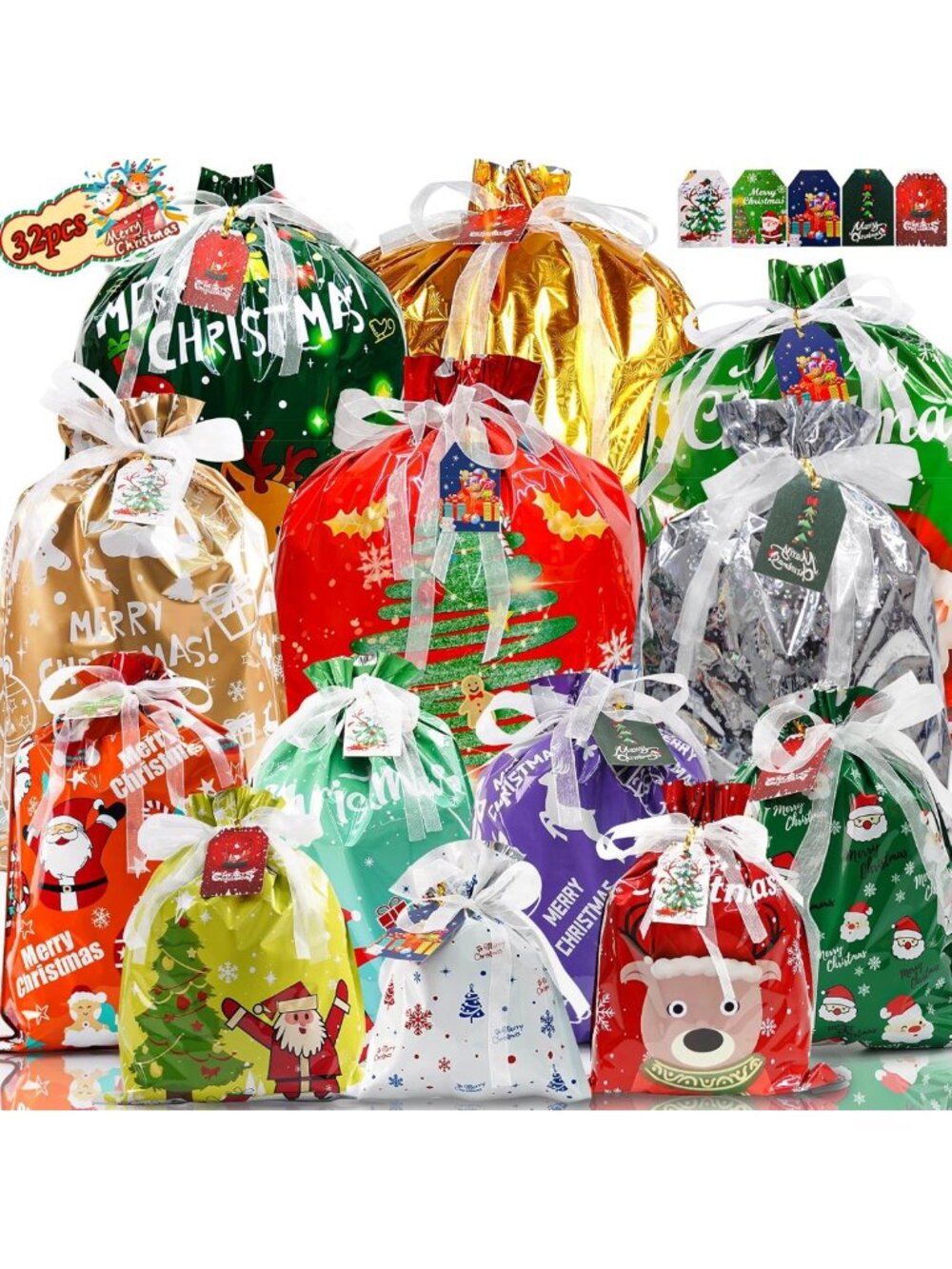 32Pcs Assorted Drawstring Christmas Gift Bags - Large, Medium, Small Sizes